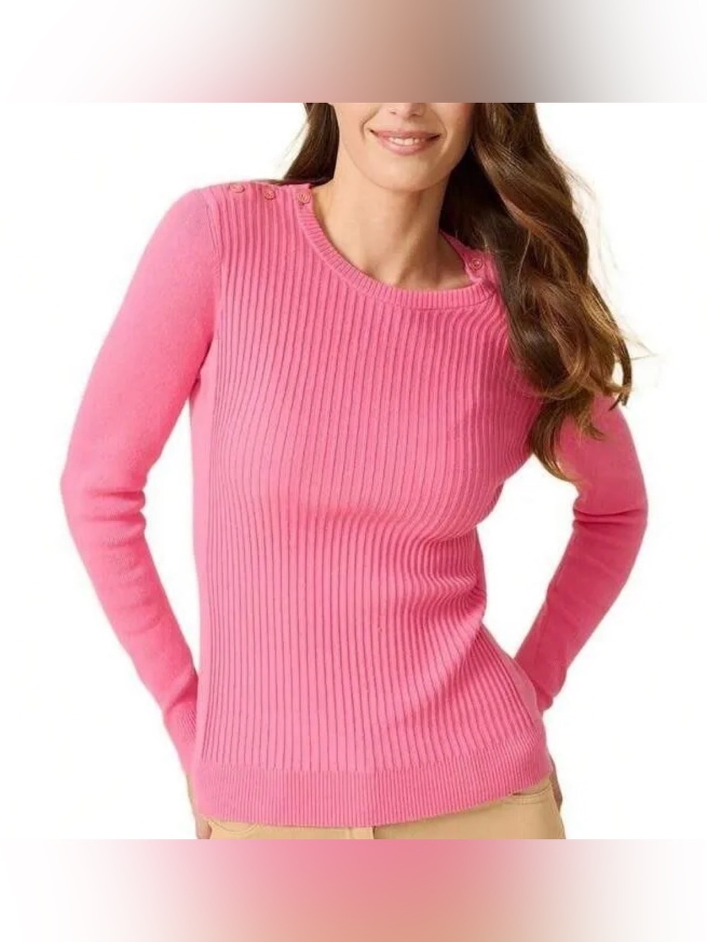 J. McLaughlin Pink Ribbed Crew Sweater with Shoulder Buttons